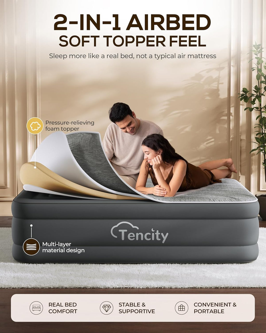 Fast Inflate AirBed, Quiet & Comfortable Blow Up Bed for Home Guests, Camping, Travel, 20” Tall Luxury Air Mattress with Quilted Foam Topper, U-shaped PVC strap for Extra Firm Support, Inflatable Bed