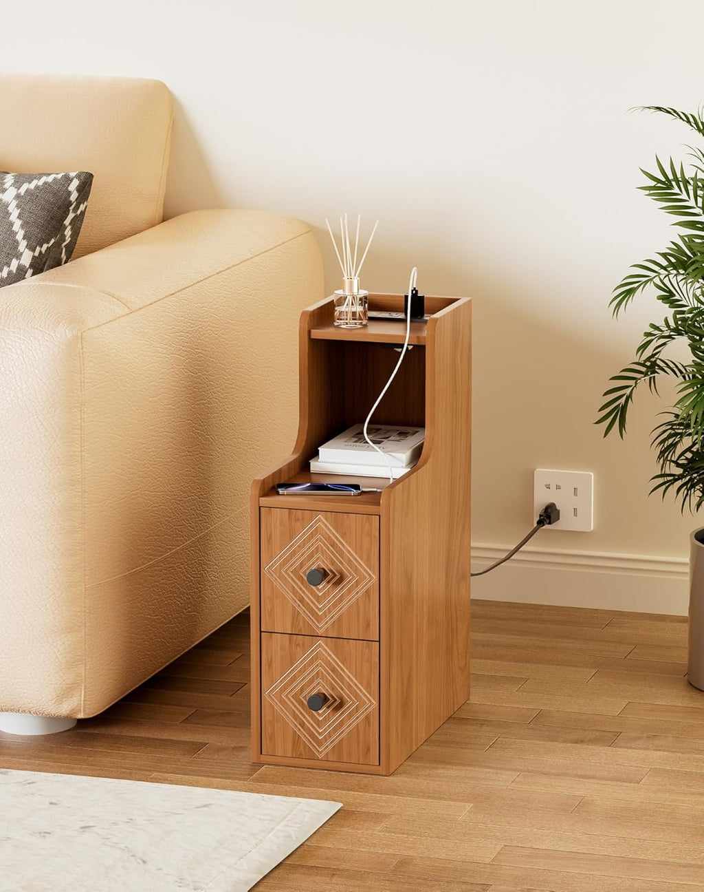 Narrow End Table Set of 2 with Charging Station, Walnut Skinny Bedside Tables with Storage Drawers, Small Side Tables for Small Spaces, Bedroom
