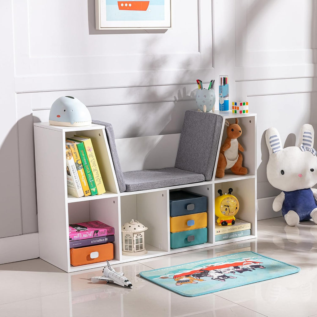 6 Cubby Bookcase with Reading Nook and Cushion, Multi Purpose Storage Organizer for Bedroom, Living Room, Pure White