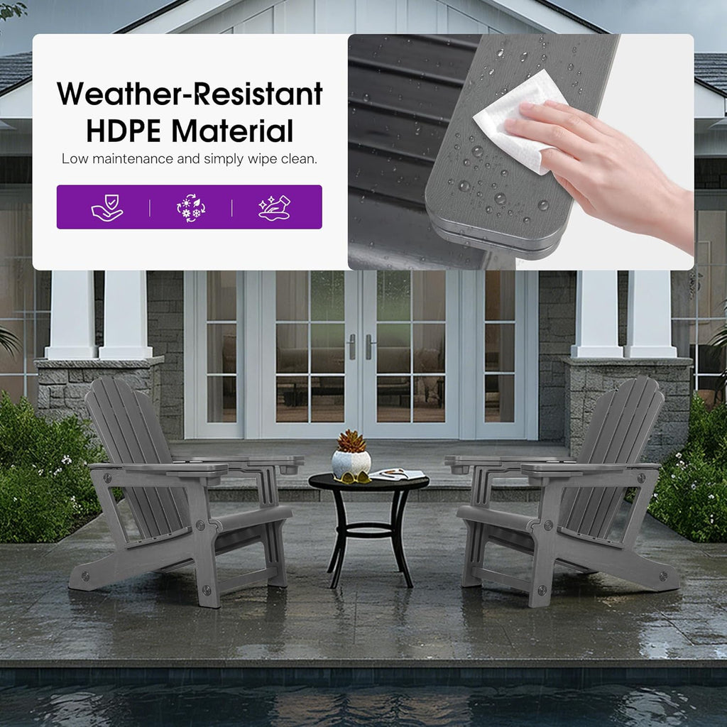 PURPLE LEAF Adirondack Chair with 24.6" Oversized Seat and Dual Cup Holders All Weather Wood-Like HDPE Outdoor Fire Pit Chair for Patio Garden Deck Backyard Porch, Gray