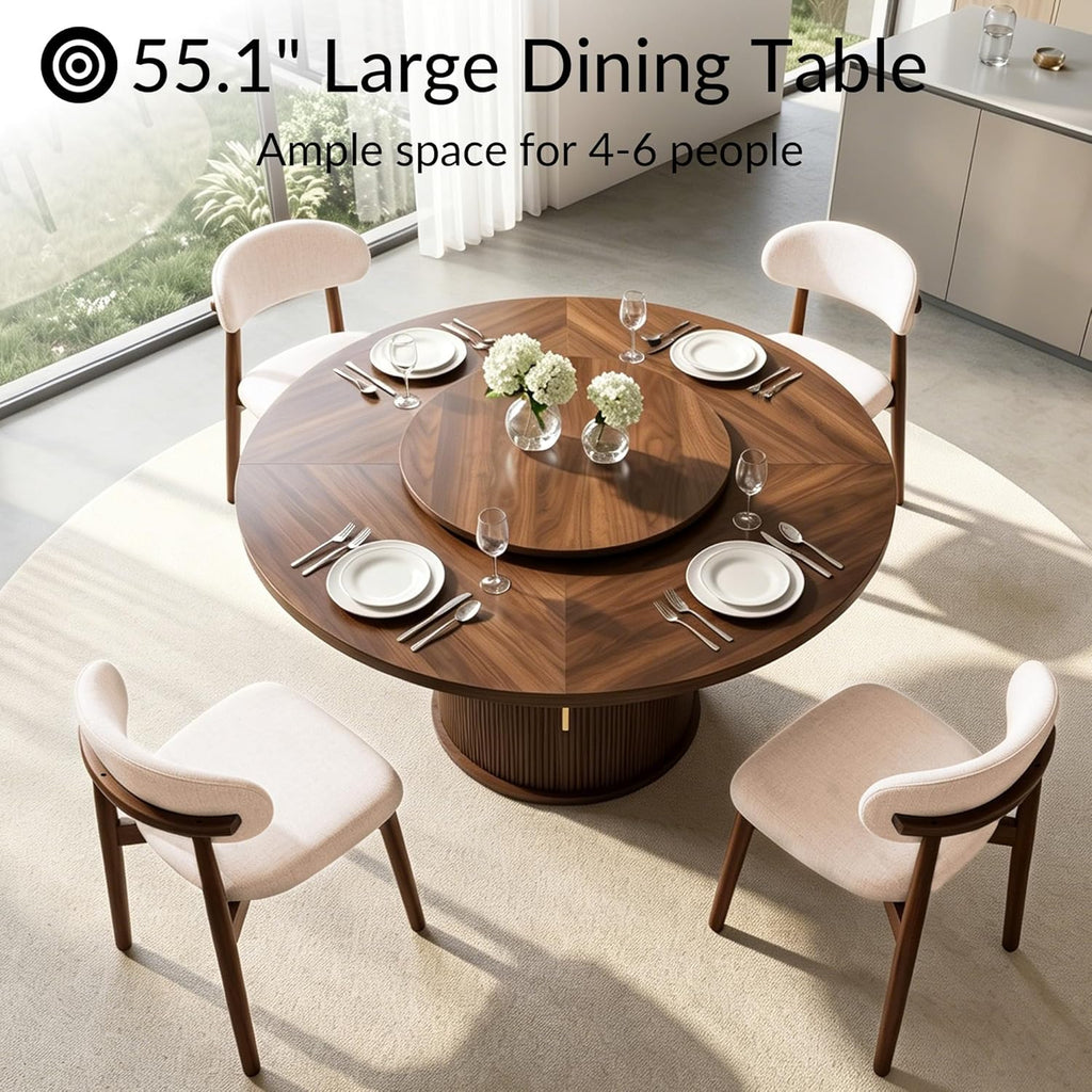 55.1” Round Dining Table Set for 6, Modern Kitchen Table Equipped with Storage Compartments and Sliding Doors, 7 Pieces Dining Table Chairs Set for Kitchen, Living Room (Walnut)
