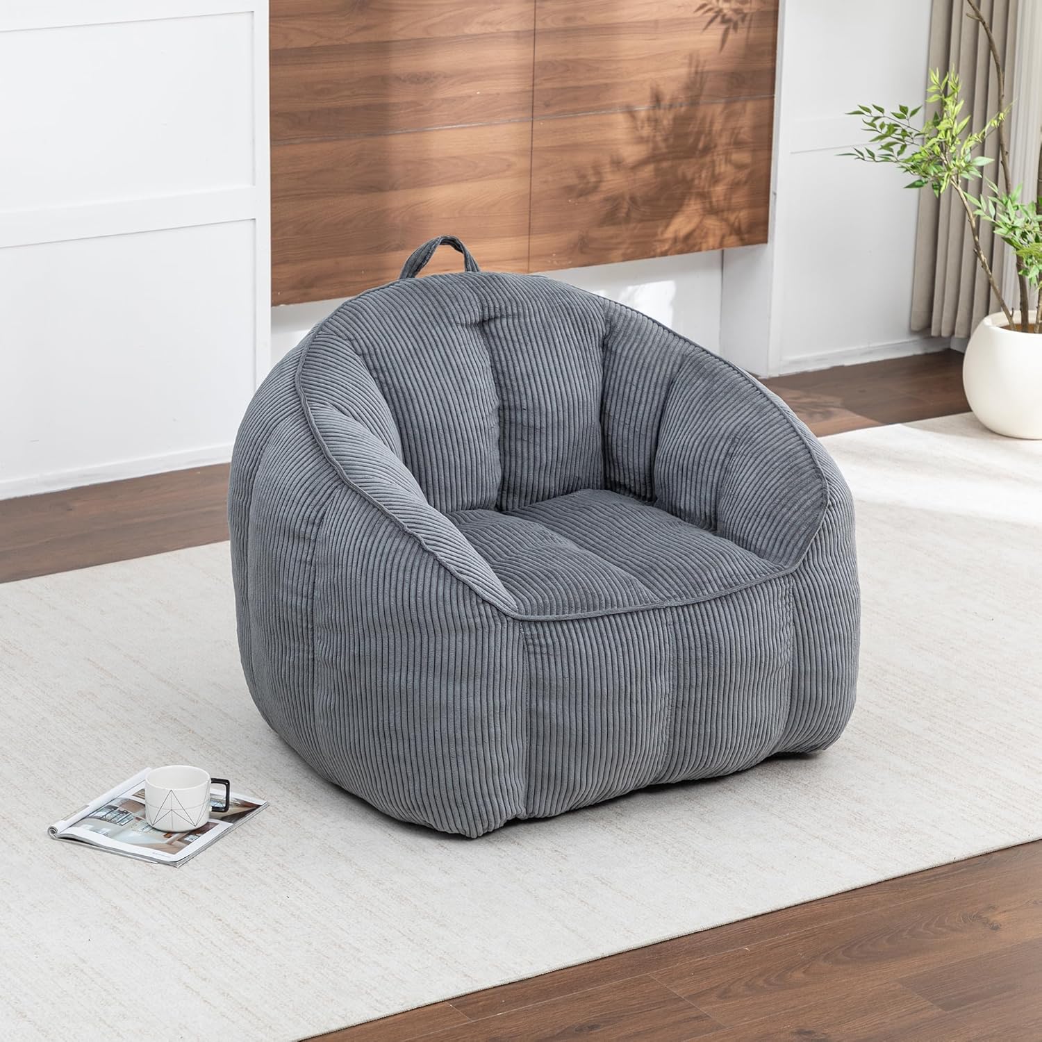 Bean Bag Chair for Adults with Armrests, Oversized Corduroy Bean Bag Sofa with High Back Support, Comfy Memory Foam Lounge Chair for Living Room, Bedroom, Dorm & Gaming (Dark Gray)