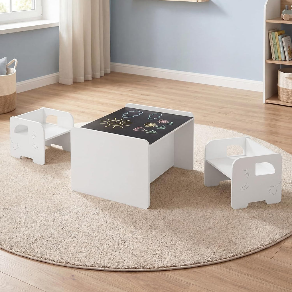 Costzon 3 PCS Kids Table and Chairs, All in One Wooden Montessori Desk Set w/Chalkboard, Storage Shelves, Toddler Table and Chair Set for Home, School (White, Elephant)