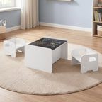 Costzon 3 PCS Kids Table and Chairs, All in One Wooden Montessori Desk Set w/Chalkboard, Storage Shelves, Toddler Table and Chair Set for Home, School (White, Elephant)