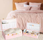 HofferRuffer Velvet Storage Trunks with Wood Frame, Set of 2 Storage Chests with Handles, Bedroom Organizer Nesting Upholstered Decorative Boxes Hinged Lid with Gold Hardware Accents (Pink Trunks)
