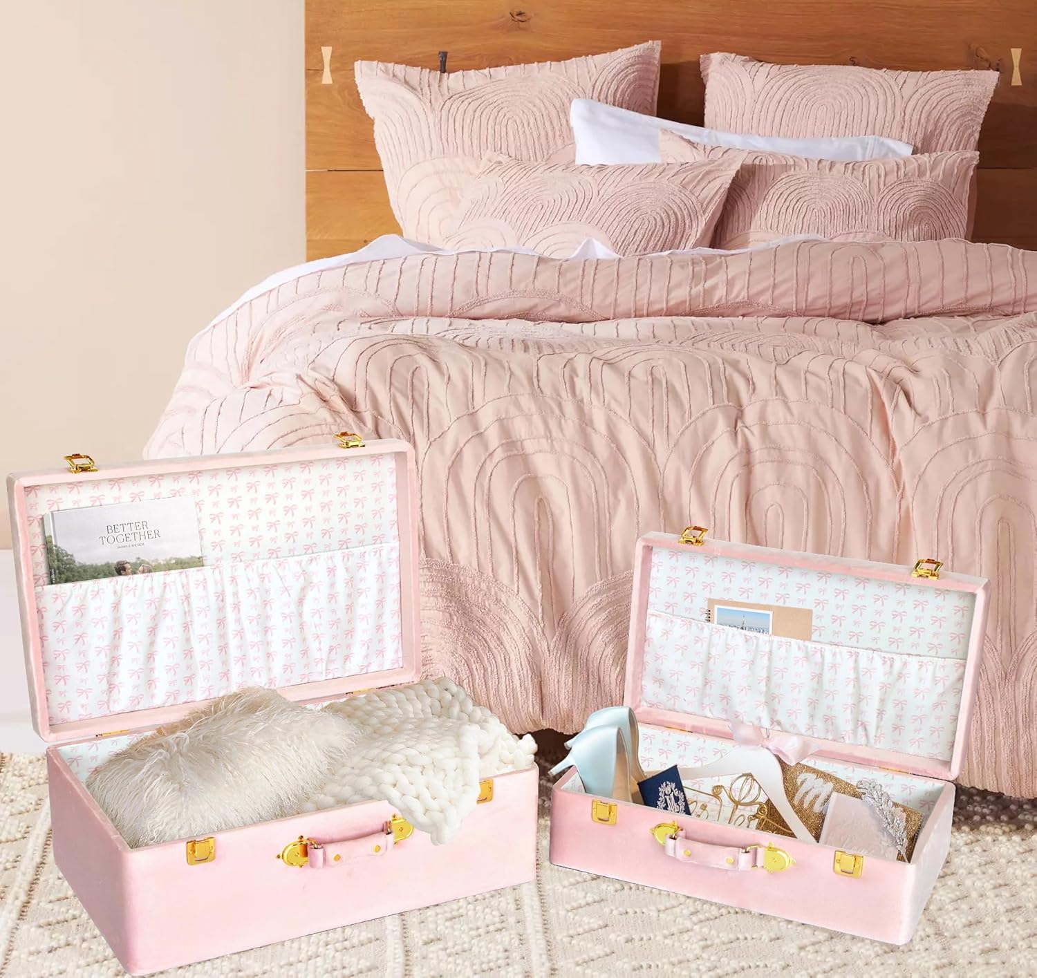 HofferRuffer Velvet Storage Trunks with Wood Frame, Set of 2 Storage Chests with Handles, Bedroom Organizer Nesting Upholstered Decorative Boxes Hinged Lid with Gold Hardware Accents (Pink Trunks)