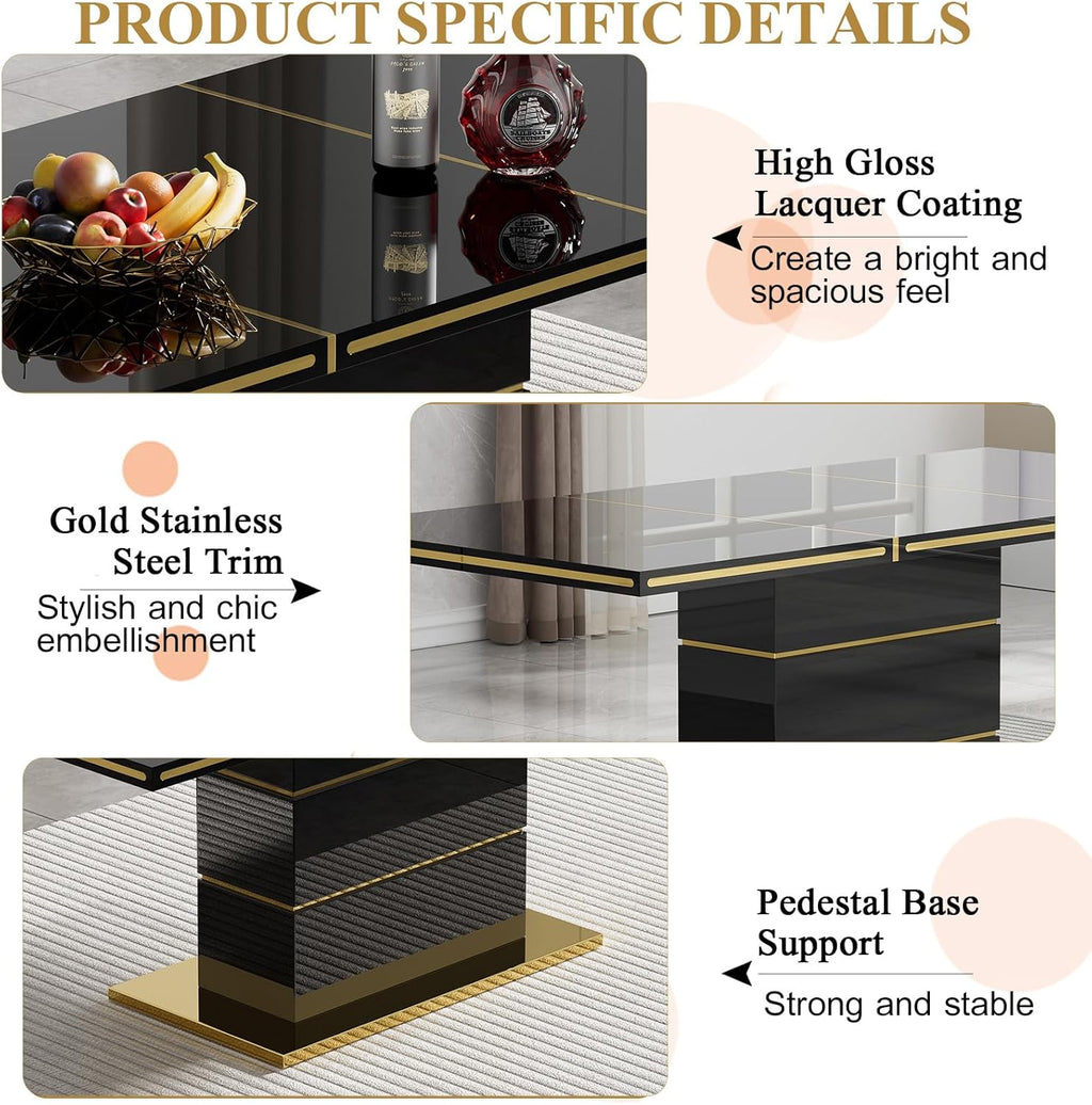 Luxury 70" Black High Gloss Rectangular Dining Table with 1.5" Thick Tabletop, Gold Accent Trims & Sturdy Pedestal Base, Elegant Modern Dining Table for 4-6 People, Kitchen & Dining Room Furniture