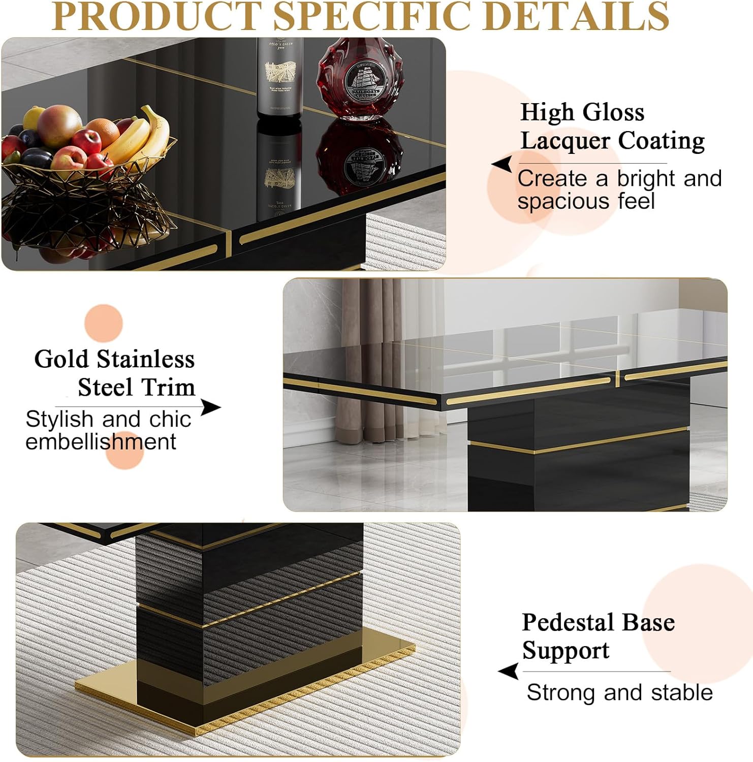 Luxury 70" Black High Gloss Rectangular Dining Table with 1.5" Thick Tabletop, Gold Accent Trims & Sturdy Pedestal Base, Elegant Modern Dining Table for 4-6 People, Kitchen & Dining Room Furniture