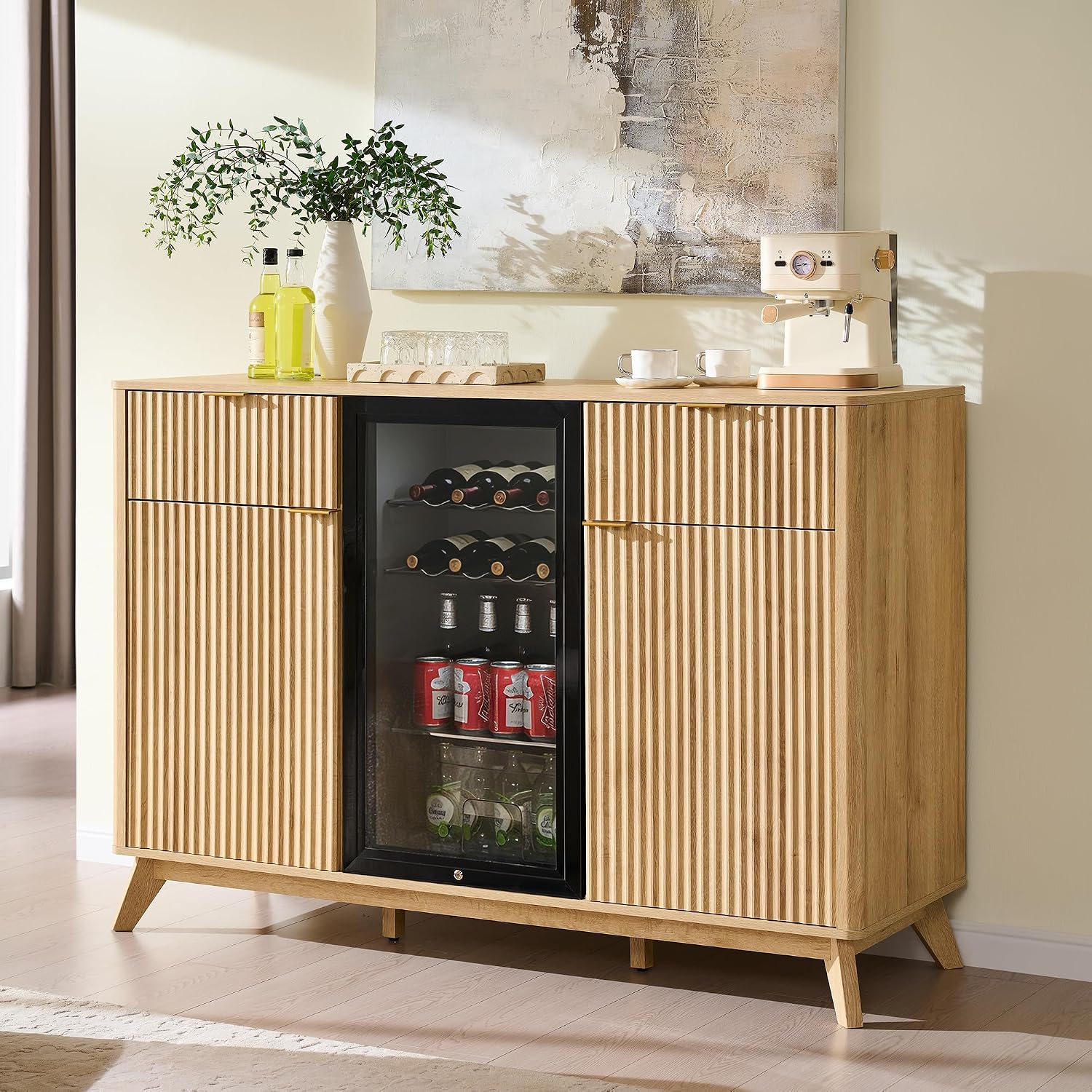 OKD 60" Fluted Coffee Bar Cabinet with Mini Fridge Space, Natural Oak | Mini Fridge Compatible, Built In Charging Station, 3 Stemware Racks, 2 Drawers, 2 Cabinets, Home Bar Cabinet Storage