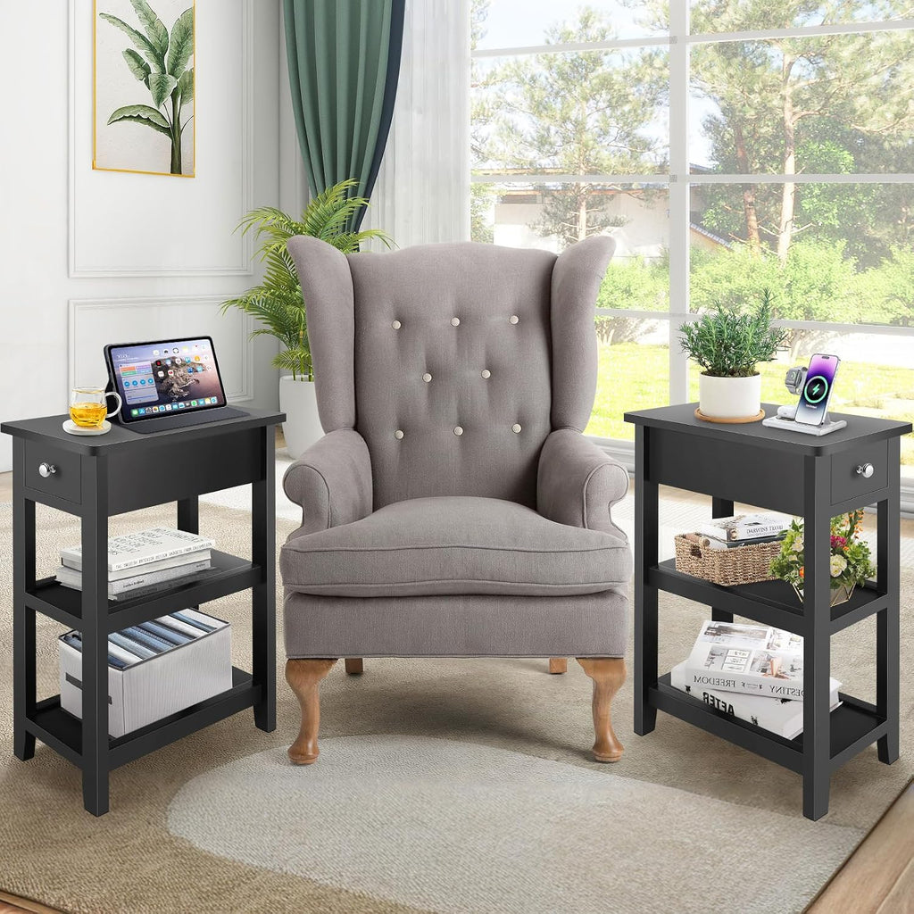 Homdox Narrow Side Table, 3 Tier Sofa End Table with Drawer and Shelf for Living Room, Wooden Nightstand with Storage for Small Spaces, Black