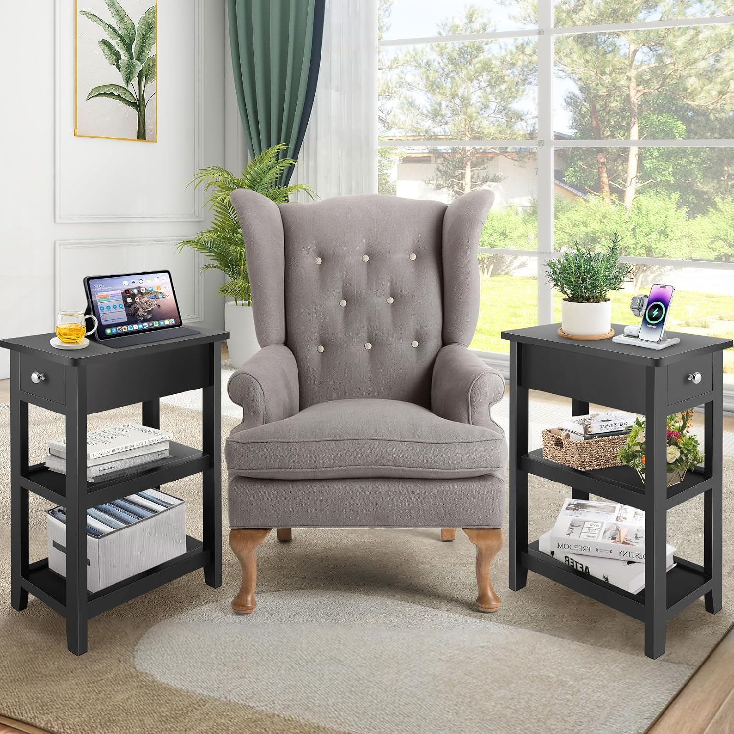 Homdox Narrow Side Table, 3 Tier Sofa End Table with Drawer and Shelf for Living Room, Wooden Nightstand with Storage for Small Spaces, Black
