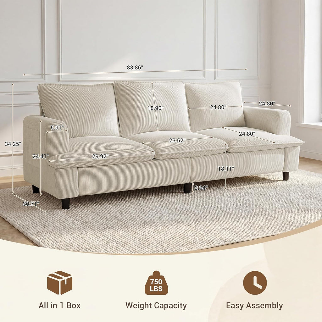 GRUSIGN 3 Seater Couch, 83" Comfy Corduroy Sofa with Deep Seat, Modern Sofa Couch for Living Room, Office, Bedroom, Apartment (Pillows not Included)