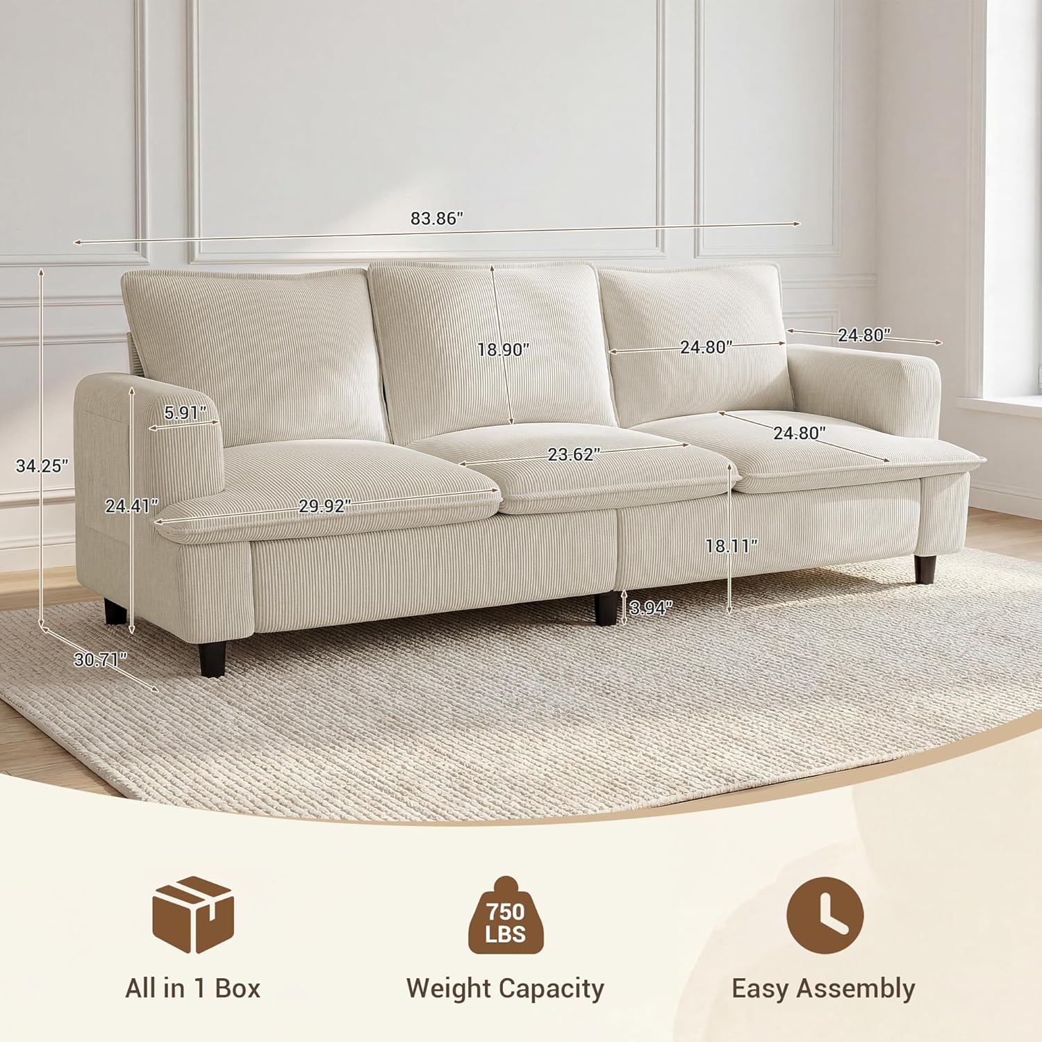GRUSIGN 3 Seater Couch, 83" Comfy Corduroy Sofa with Deep Seat, Modern Sofa Couch for Living Room, Office, Bedroom, Apartment (Pillows not Included)
