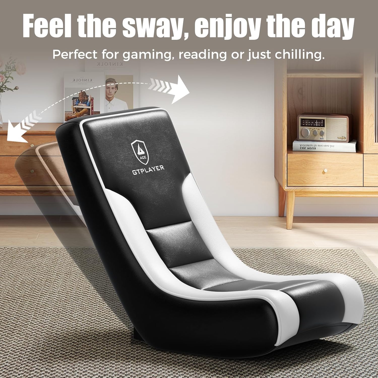 GTPLAYER Floor Rocker Gaming Chair – Adjustable Angle Limiter, Ultra Lightweight Ergonomic Floor Rocking Game Seat for Gaming and Lounging, Black & White