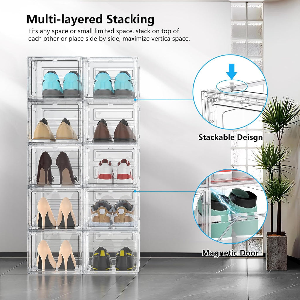 XX-Large Clear Shoe Storage Boxes with Magnetic Door, Thickened Stackable Shoe Organizer 12 Pack, Sneaker Display Case for Closet Organization & Entryway Storage, Dust-Proof Space Saving System, White