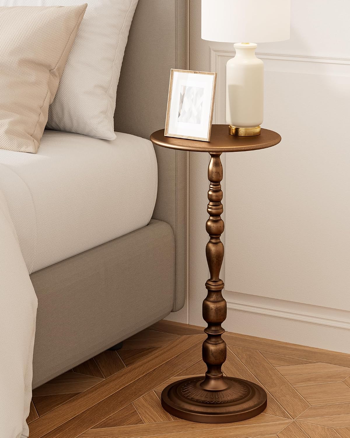 Bronze Side Table, Art Deco Vintage Metal End Table 25" Height, Accent Cocktail Table for Living Room, Small Spaces, Polished Brass Finish, Corrosion-Resistant Cast Aluminum