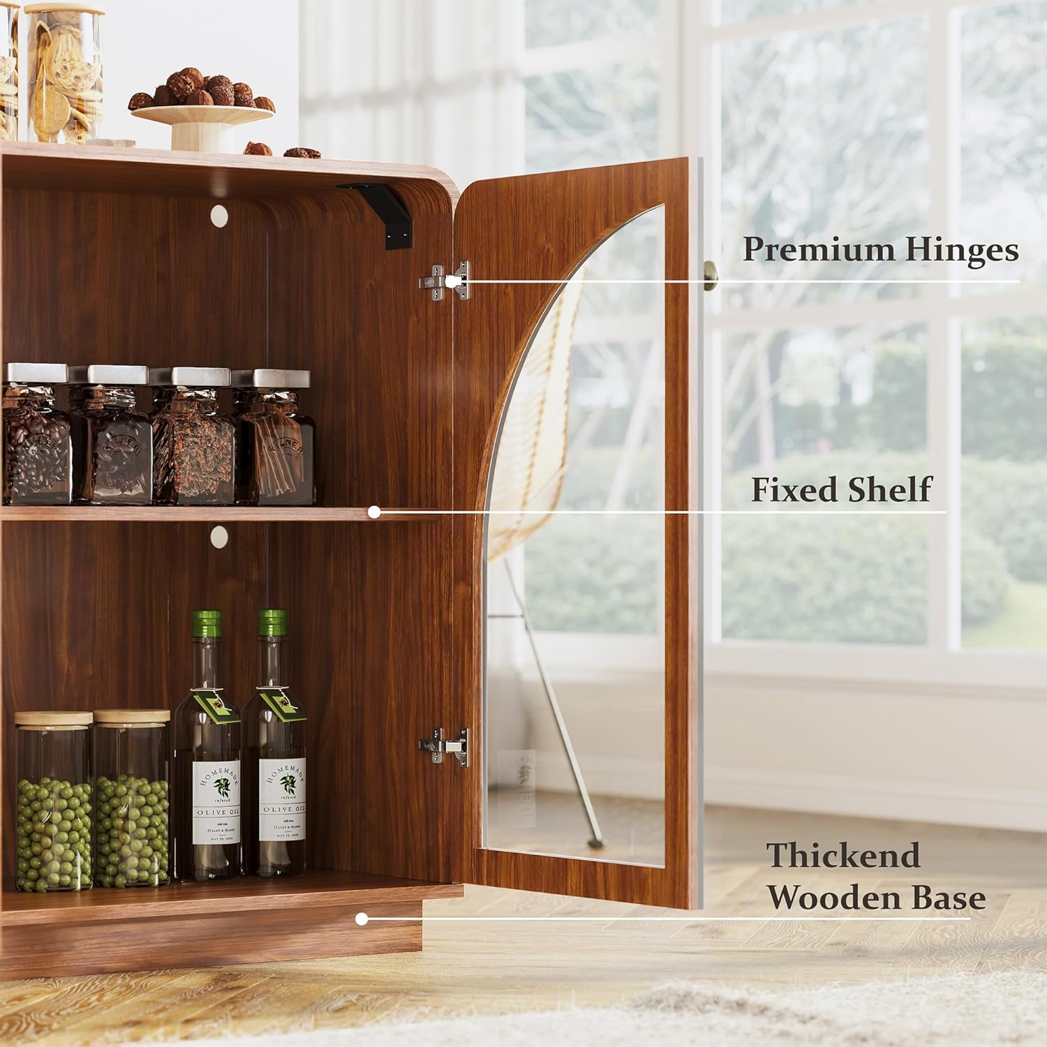 Sideboard Buffet Cabinet with Storage, 68" Walnut Credenza Accent Cabinet Buffet Table w/4 Arched Glass Doors & LED Light, Modern Coffee Bar Liquor Cabinet w/2 Shelves for Kitchen Entryway