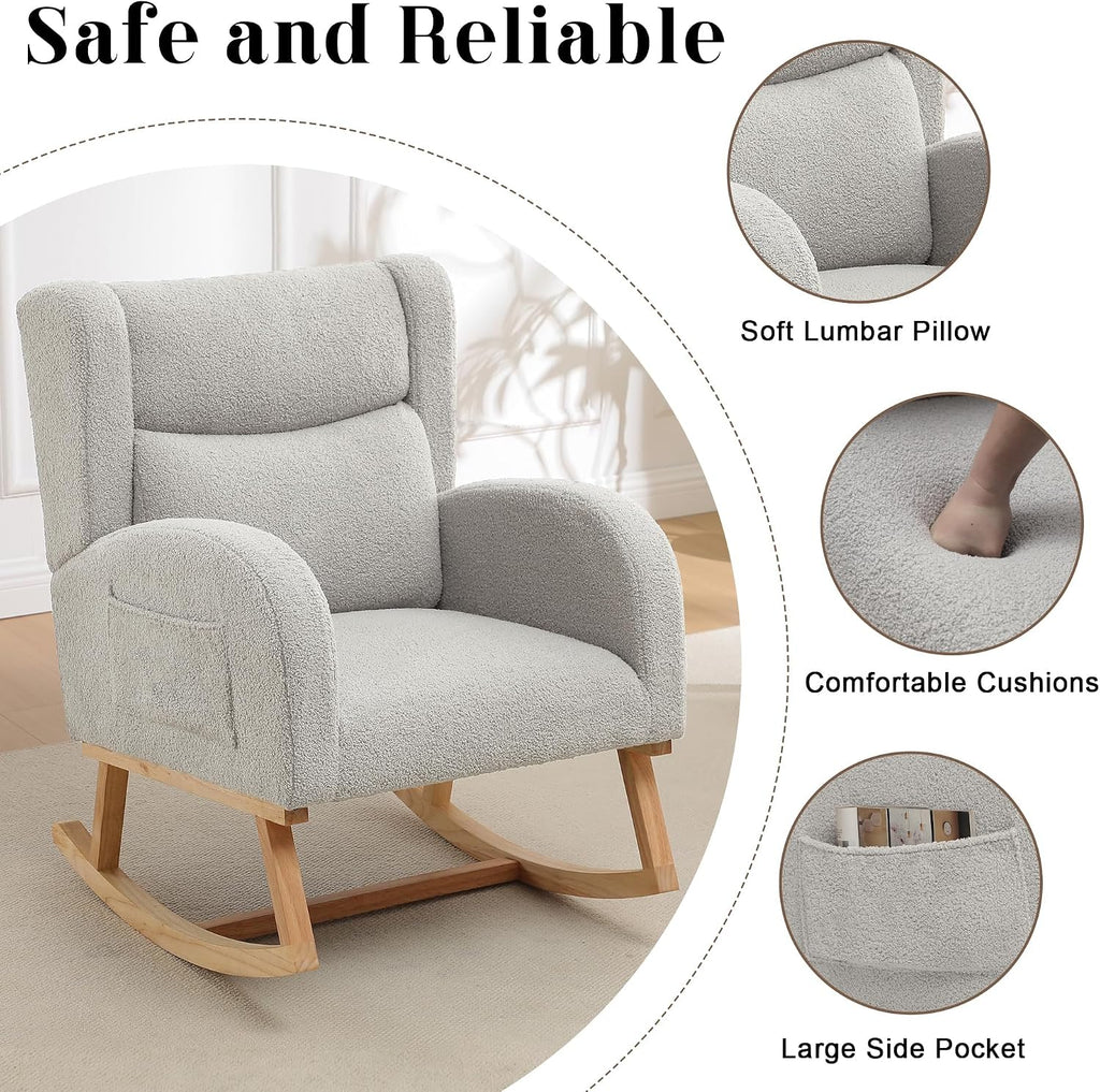 Nursery Rocking Chairs,Upholstered Rocking Chair Nursery for Mom Rocker with High Backrest and Solid Wood Legs,Modern Indoor Rocking Chair for Living Room Bedroom Adults (Teddy Light Grey)