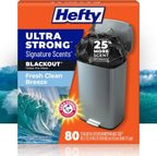 Hefty Ultra Strong Signature Scents 13 Gallon Trash Bags, Fresh Clean Breeze Scent, Tall Kitchen Trash Bags with 25% More Scent Technology, Blackout, 80 Count