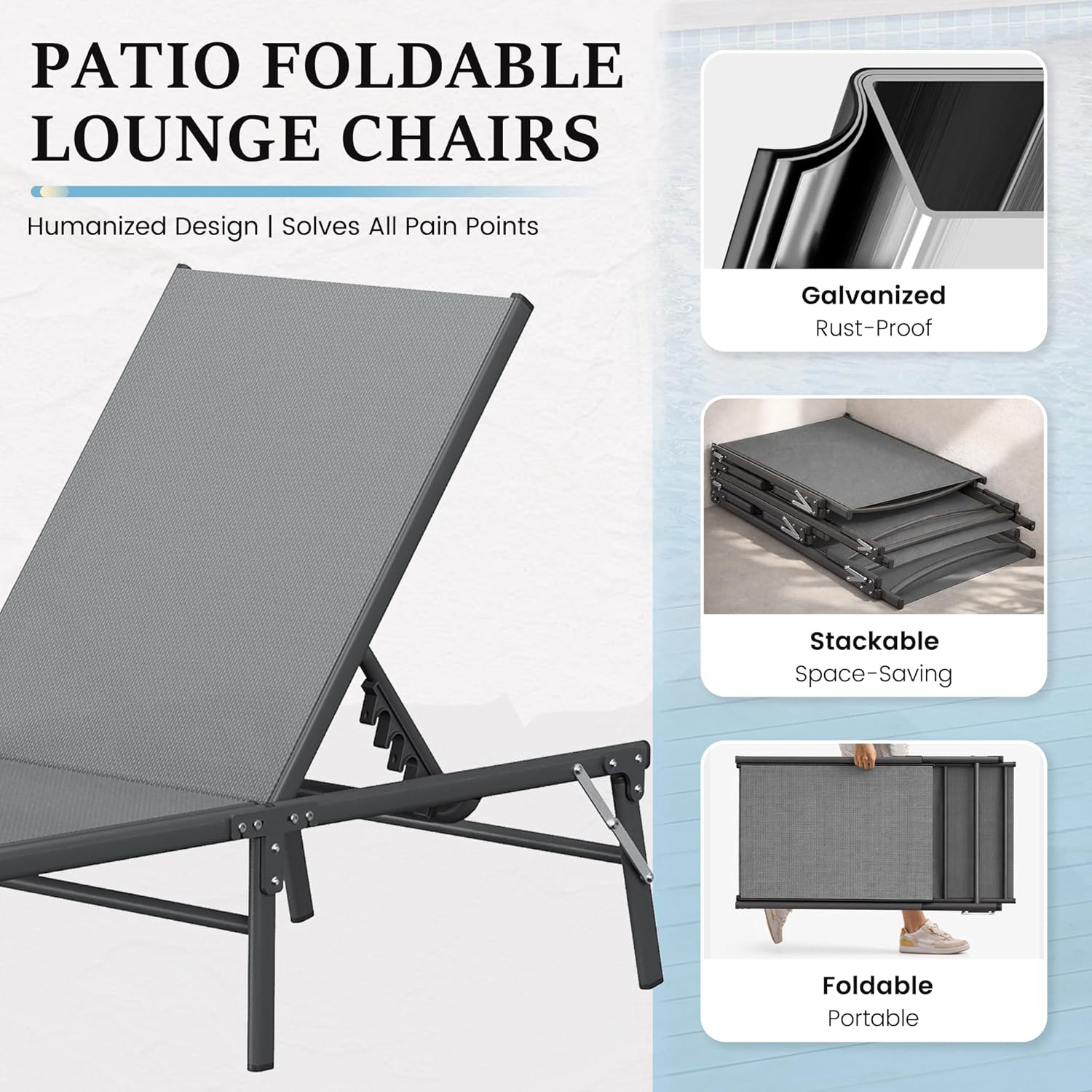 UDPATIO Foldable Patio Lounge Chair Sets with Side Table, No Assembly Outdoor Chaise Lounge with 5-Positions, Poolside Lounge Chairs with Portable Design for Pool, Beach, Deck, Backyard-Gray