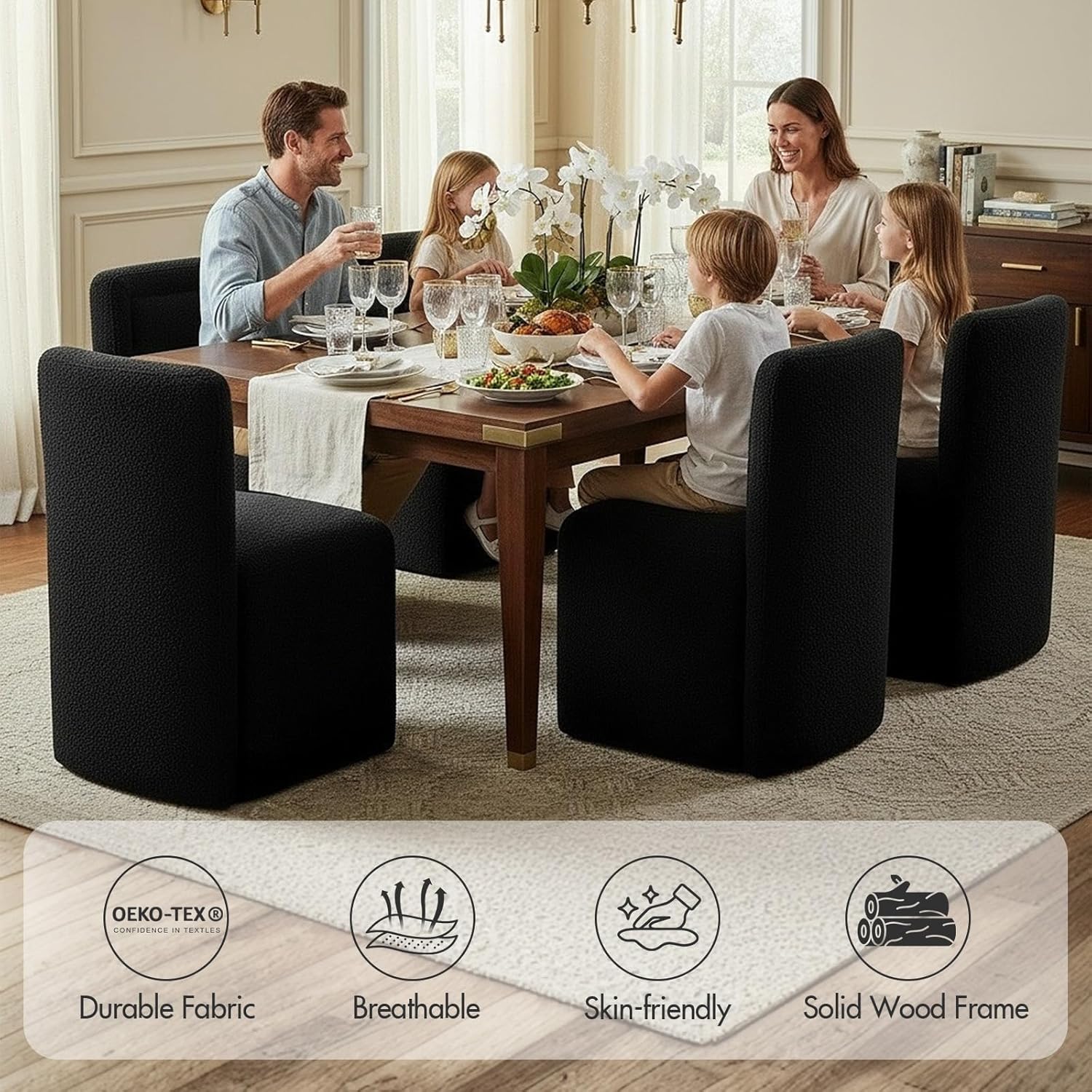 Hyfirm Black Upholstered Dining Chairs Set of 2, Mid-Century Scandinavian Parsons Armless Chairs in Boucle Fabric with Plush Seat Cushion for Diningroom Bedroom Livingroom Reading Room