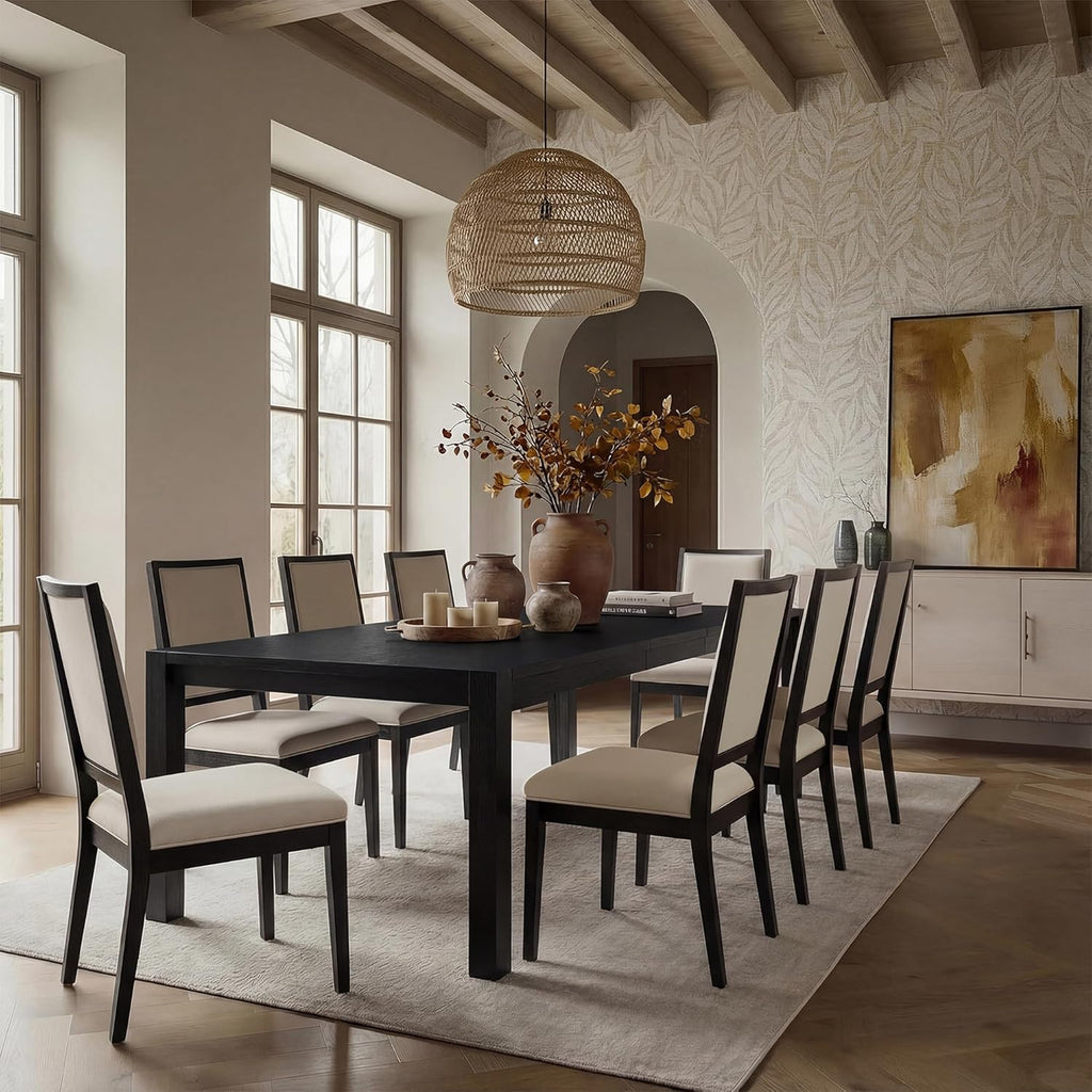 9-Piece Expandable Dining Table Set, 60"-80" Modern Wood Table with 8 Upholstered Chairs, Large Rectangular Extension Set for Dining Room, Conference & Entertaining, Black