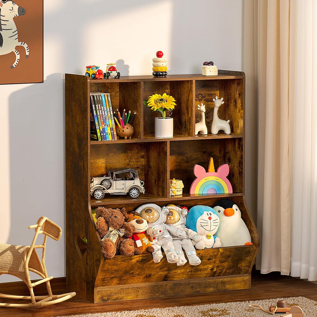 Lerliuo Kids Toy Storage Organizer, 3 Tier Children Small Bookcase and Bookshelf, Toddler 7 Cubby Toy Storage Cabinet, Toy Shelf for Playroom, Bedroom, Living Room, Nursery, School 29.53'' H (Brown)