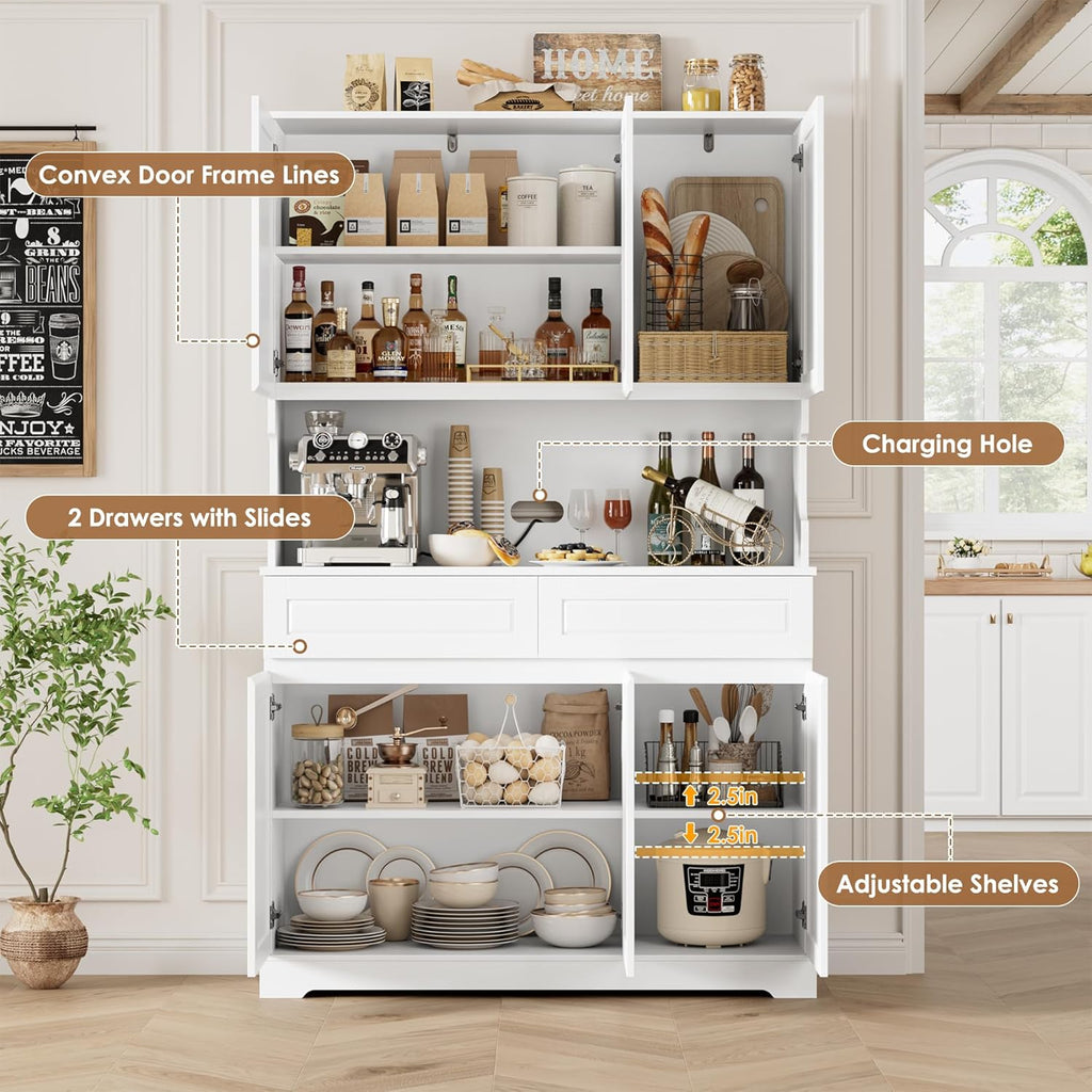 FACBOTALL 74" Pantry Cabinet, Tall Kitchen Pantry Cabinet with 6 Doors and 2 Drawers, Kitchen Hutch with Wide Countertop, Modern Kitchens Cupboard with Adjustable Shelves and Charge Holes, White
