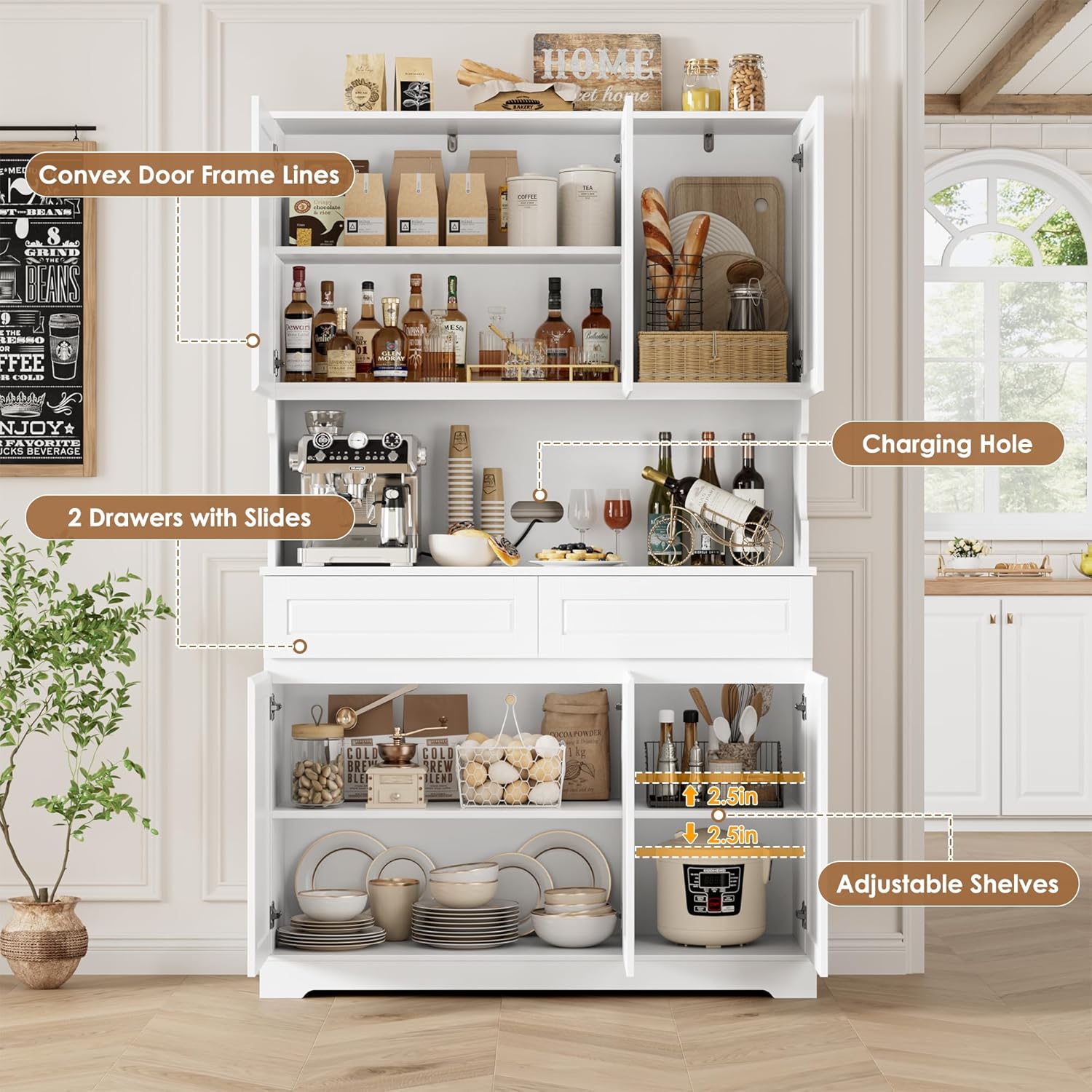 FACBOTALL 74" Pantry Cabinet, Tall Kitchen Pantry Cabinet with 6 Doors and 2 Drawers, Kitchen Hutch with Wide Countertop, Modern Kitchens Cupboard with Adjustable Shelves and Charge Holes, White