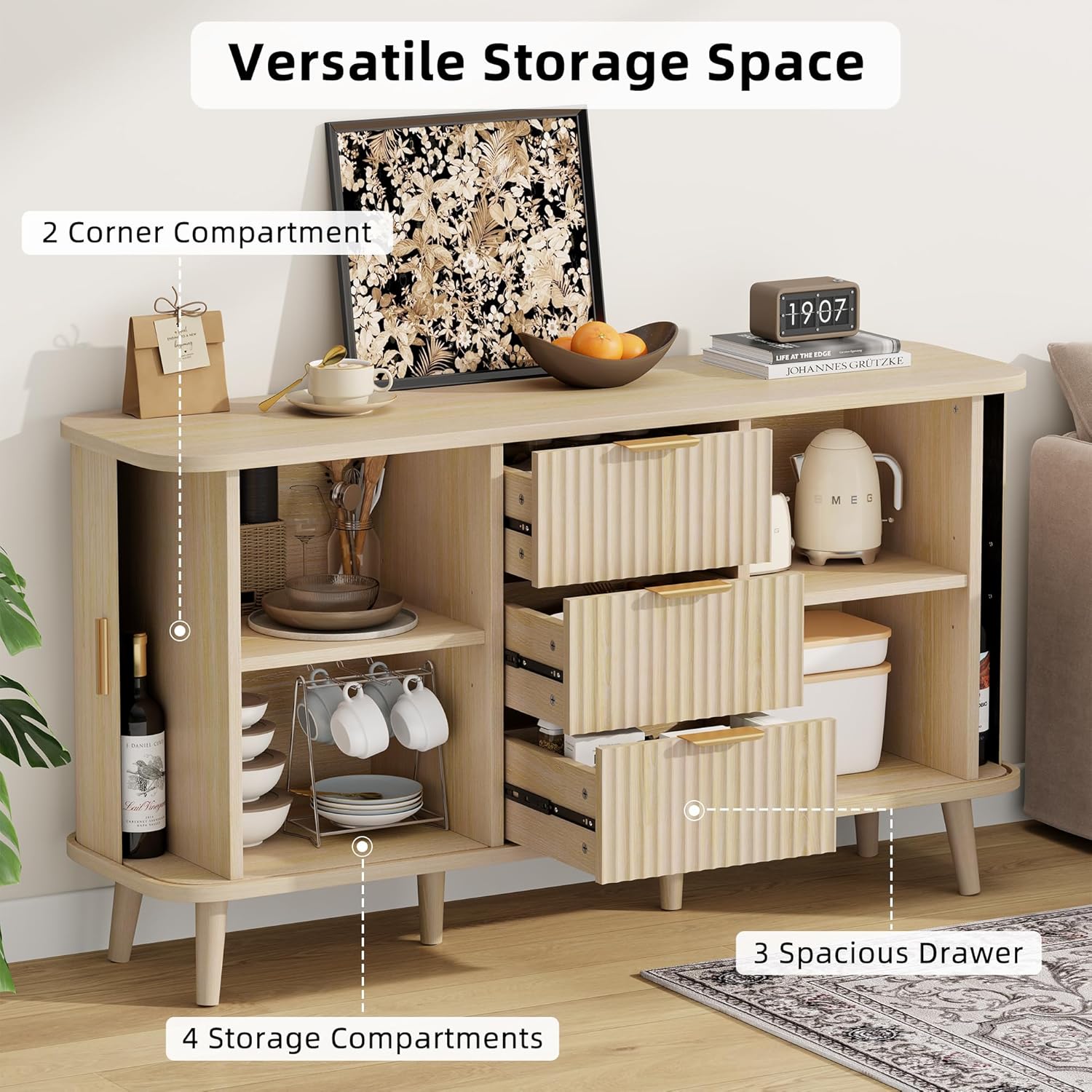 Lulive Natrual Buffet Cabinet, 55" Wide Sideboard Buffet Storage Cabinet with Rolling & Sliding Doors, Modern Bar Cabinet for Kitchen & Dining Room