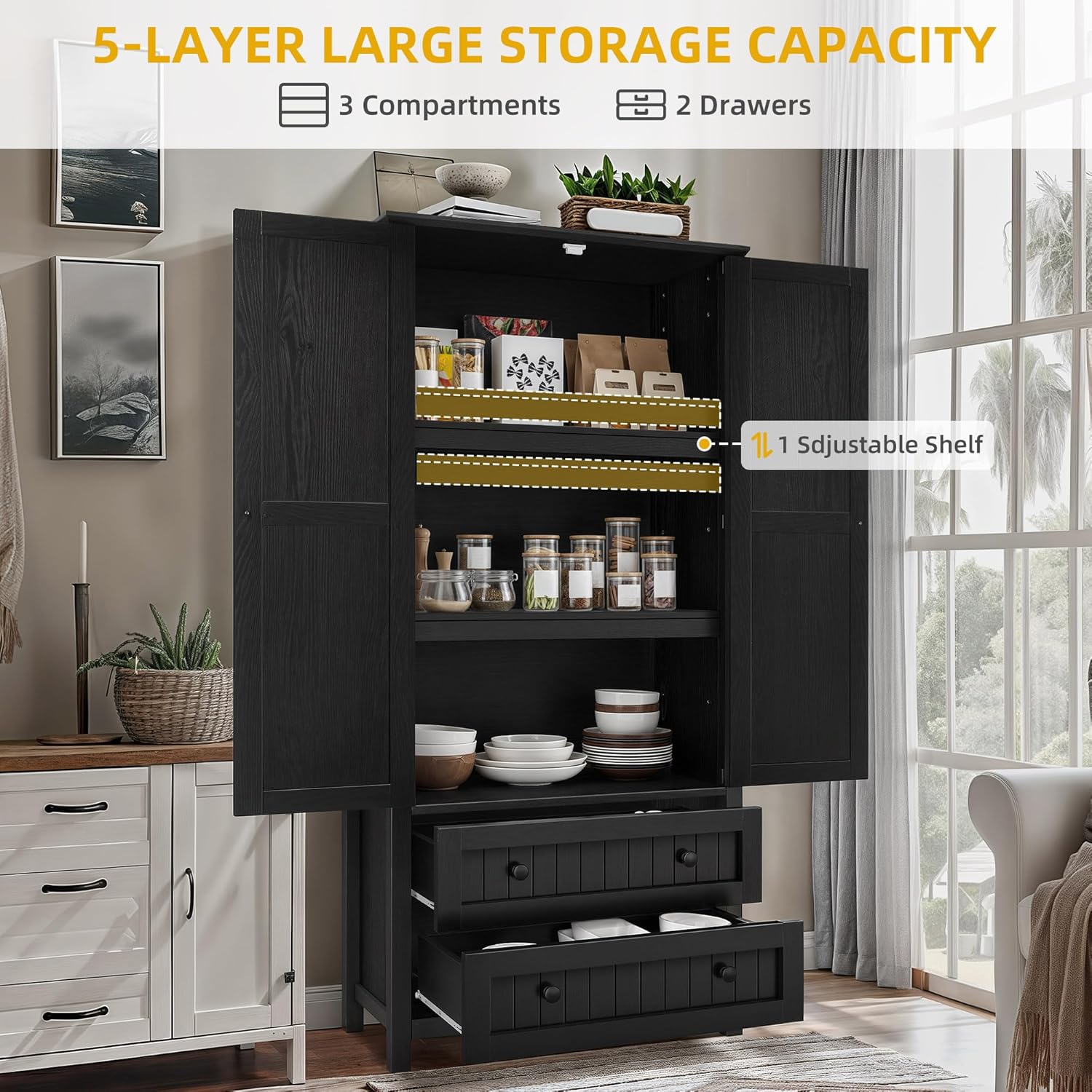 DWVO Farmhouse Kitchen Pantry Cabinet, 64.5" Tall Storage Cabinet with 2 Drawers and Adjustable Shelves, Versatile Storage for Living Room, Dining Room or Hallway, Oak Black