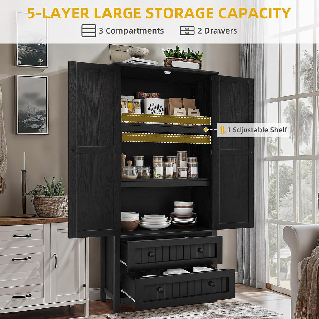YITAHOME 64.5" Tall Kitchen Pantry Cabinet, Farmhouse Pantry Storage Cabinet with 2 Drawers & Adjustable Shelves, Ideal for Living Room, Kitchen or Hallway, Oak Black