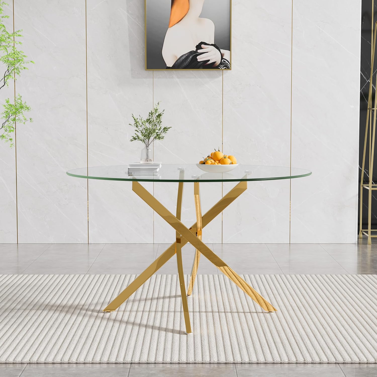 47.24" Round Dining Table for 6 8, Modern Clear Glass Kitchen Table for 6 with Gold X Metal Legs, Contemporary Circle Dining Room Leisure Tables for Kitchen Apartment