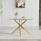 47" Round Glass Dining Table for 4-6, Circle Kitchen Table with Tempered Glass Top & Gold Metal Cross Legs, Modern Glass Dinner Table for Kitchen Dining Room Small Apartment