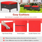 Tangkula 2 Piece Patio Rattan Ottomans, Outdoor Wicker Footstool w/Acacia Wood Handles, Soft Zippered Cushions, 3-in-1 Function Footstool Seat & Side Table for Backyard, Balcony, Poolside (Red)