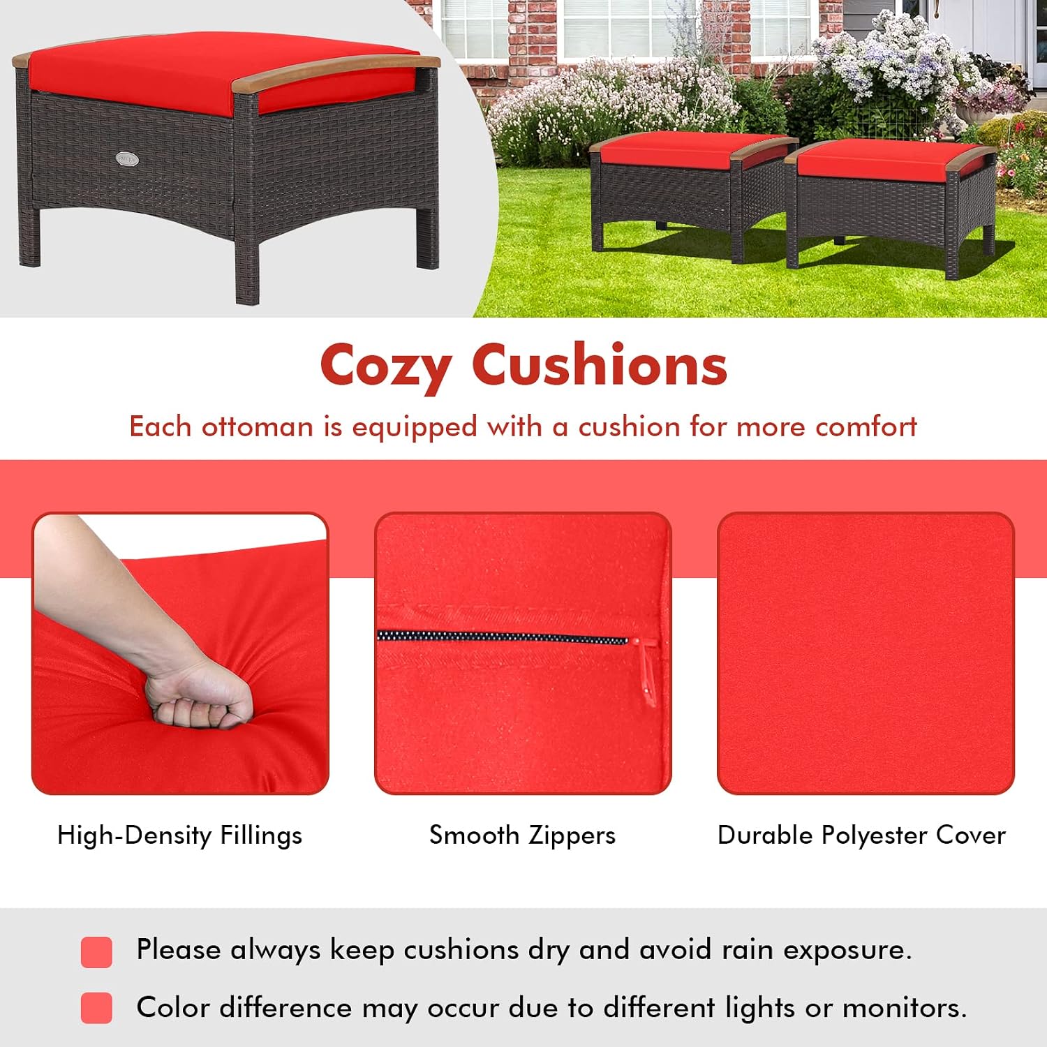 Tangkula 2 Piece Patio Rattan Ottomans, Outdoor Wicker Footstool w/Acacia Wood Handles, Soft Zippered Cushions, 3-in-1 Function Footstool Seat & Side Table for Backyard, Balcony, Poolside (Red)