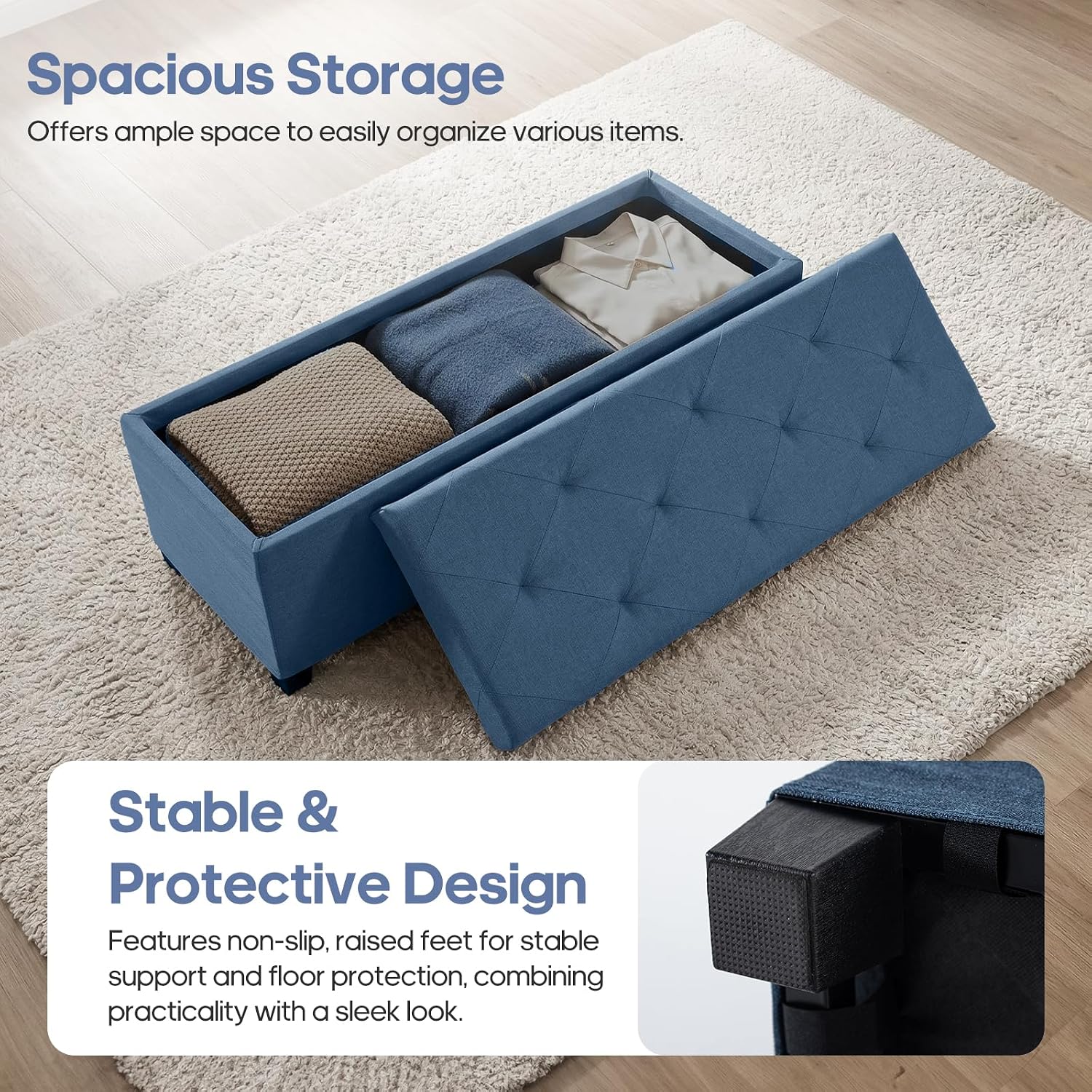 DUMOS Large Storage Ottoman Bench, Generous 46.5 Gallon (176L) Capacity, End of Bed Bench, Upholstered Foot Rest, Storage Chest for Living Room, Bedroom, Entryway, Blue
