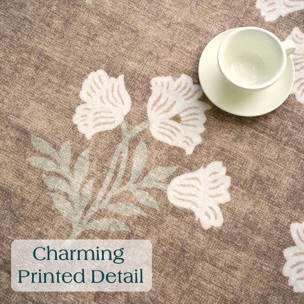 Tan 6ft Round Area Rug for Living Room - Large Washable Floral Neutral Farmhouse Scalloped Circle Rug for Bedroom Stain Resistant Dining Room Rugs for Under Round Table Carpet for Living Room