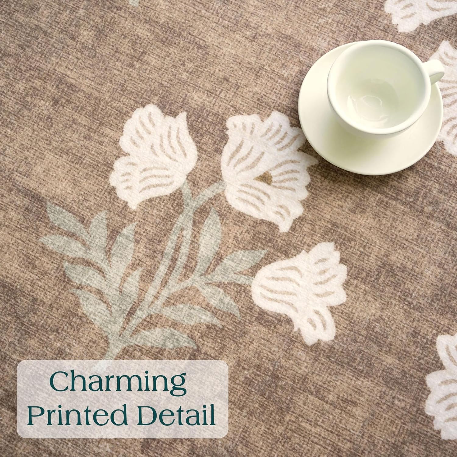 Tan 6ft Round Area Rug for Living Room - Large Washable Floral Neutral Farmhouse Scalloped Circle Rug for Bedroom Stain Resistant Dining Room Rugs for Under Round Table Carpet for Living Room