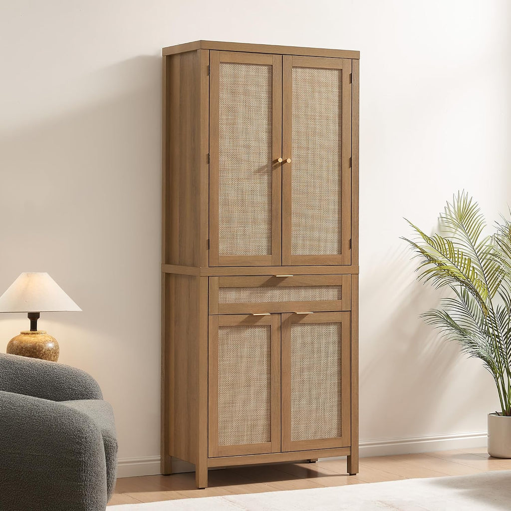 SICOTAS 72" Tall Pantry Cabinet - Rattan Kitchen Storage Cabinet with Large Drawer & 4 Doors, Farmhouse Freestanding Cupboard Pantry with Storage for Living Room, Dining Room, Oak