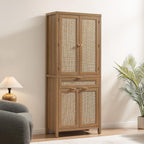 SICOTAS 72" Tall Pantry Cabinet - Rattan Kitchen Storage Cabinet with Large Drawer & 4 Doors, Farmhouse Freestanding Cupboard Pantry with Storage for Living Room, Dining Room, Oak