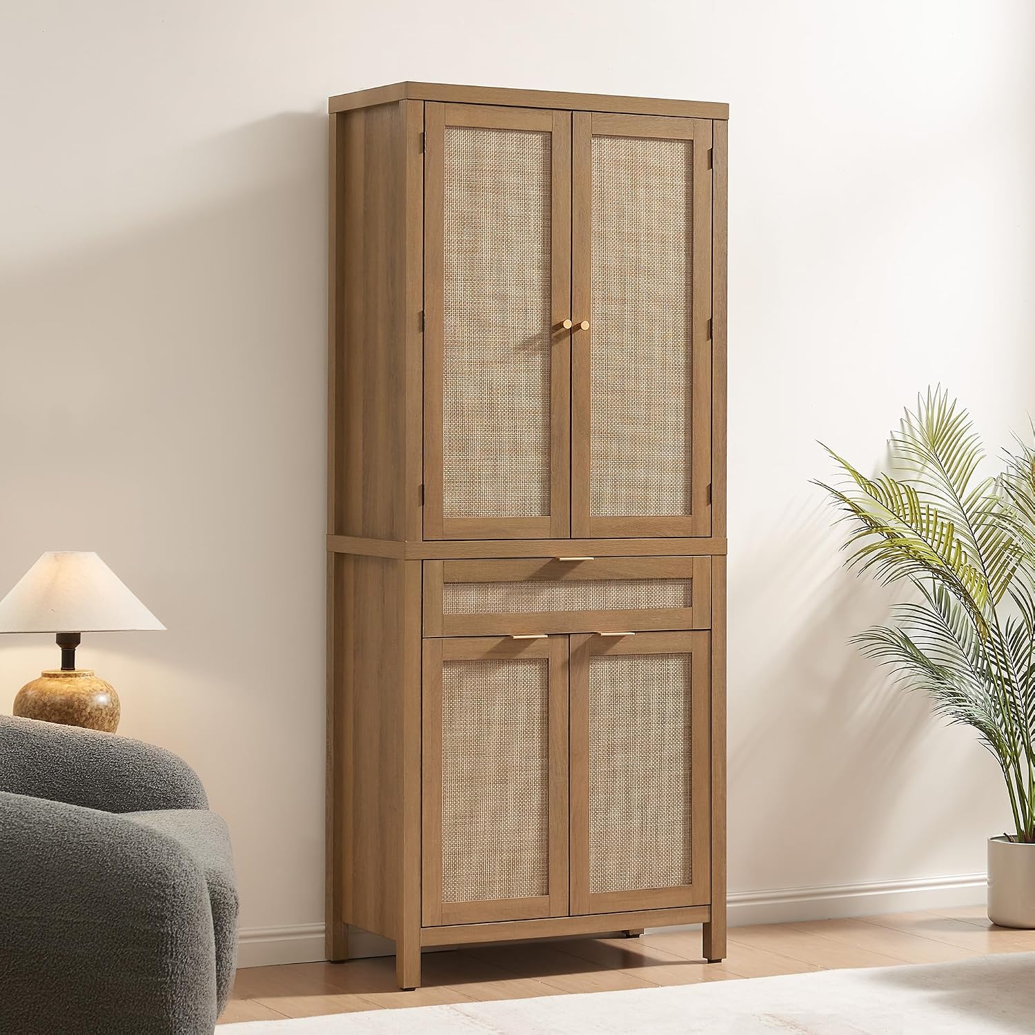 SICOTAS 72" Tall Pantry Cabinet - Rattan Kitchen Storage Cabinet with Large Drawer & 4 Doors, Farmhouse Freestanding Cupboard Pantry with Storage for Living Room, Dining Room, Oak