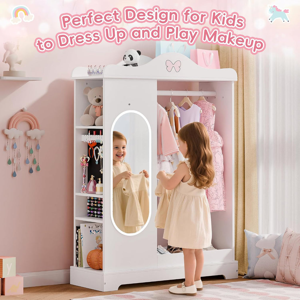 Xilingol Kids Armoire Dress Up Storage with Full-Length Mirror and Light, Kids Wardrobe Closet with Jewelry Cabinet and Storage Shelves, Open Hanging Armoire Costume Organizer for Bedroom (White)