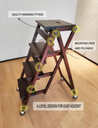 4-Step Folding Ladder Stool - 330 lb Capacity, Solid Pine Wood, Anti-Slip Steps, Space-Saving Foldable Design for Home Kitchen - Lightweight Step Stool for Adults (Walnut Finish)
