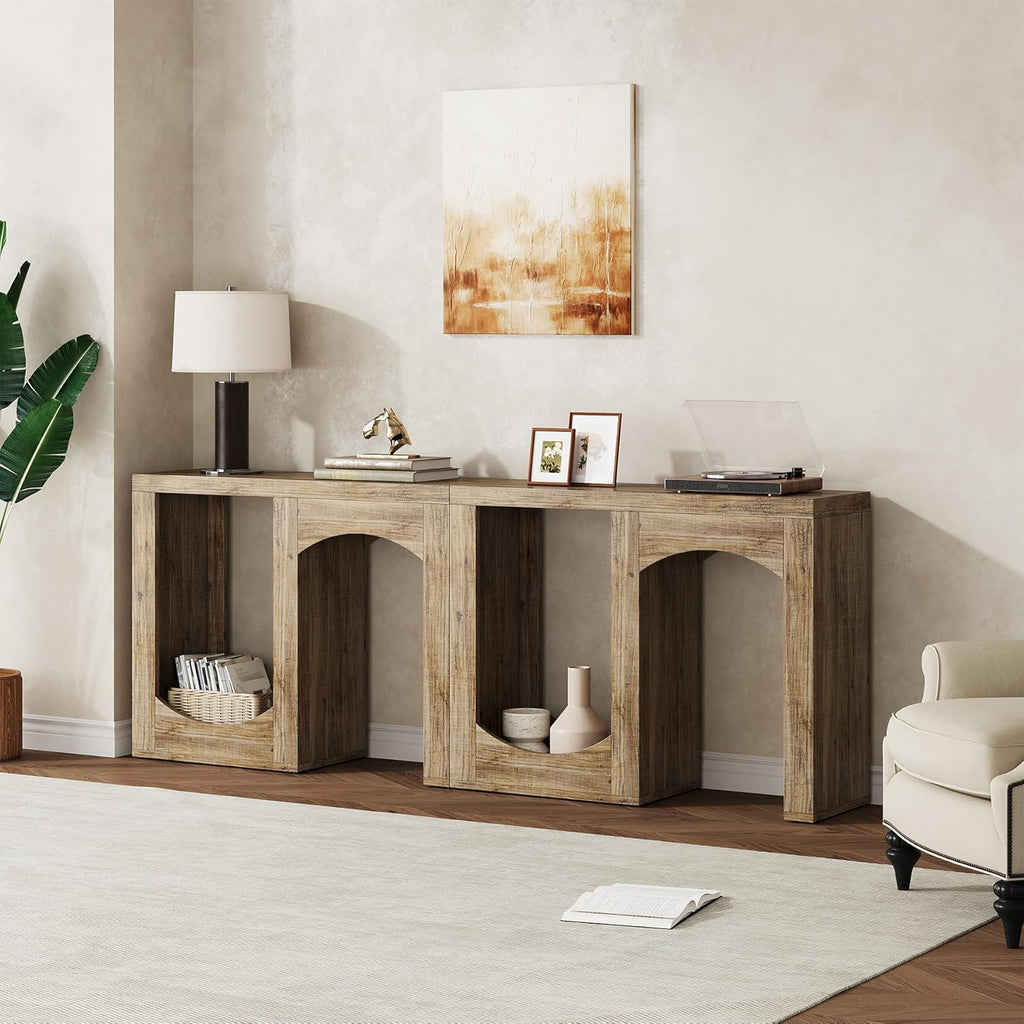 70.9" Farmhouse Console Table, Accent Sofa Table with Arched Design, Modular Entryway Table Free-Combination for Entrance, Hallway, Living Room, Rustic Brown,(Set of 2)