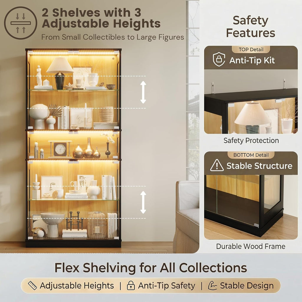 Display Cabinet with Glass Doors & LED Lights, 5 Tier Lighted Display Case for Figurines Collectibles, Tall Curio Storage Cabinet with Motion Sensor, 5 Shelves Living Room Bookcase (Black+Oak)