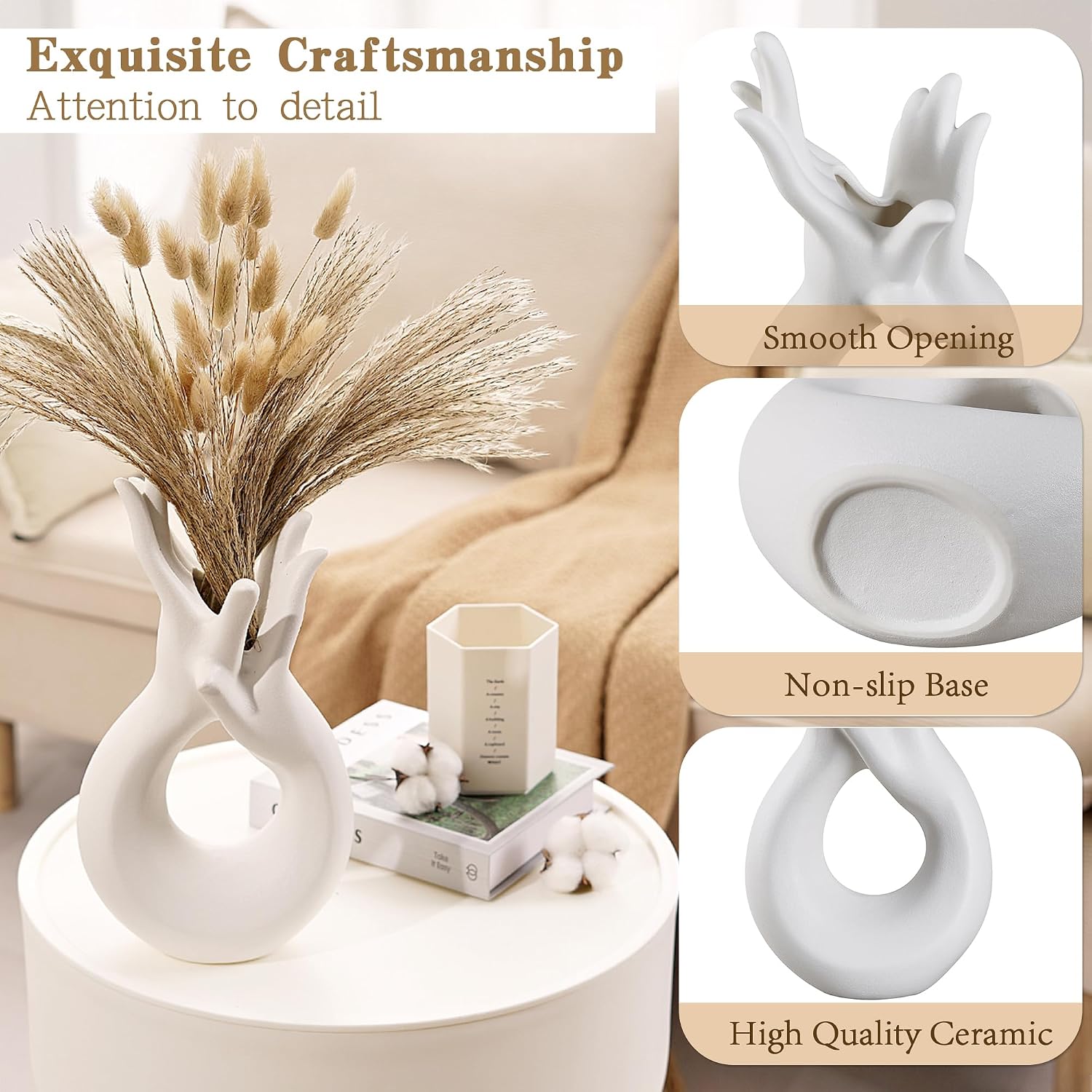 VECELO Minimalist White Ceramic Vase, Modern Hand Shaped Flower Vase for Entryway, Shelf, Mantels, Dining Table