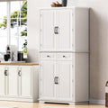 Kitchen Pantry with 3 Pull Out Cabinet Organizers, Farmhouse Freestanding Storage Cabinet with 6 Door Shelves and 2 Drawers for Kitchen, Dining Room (White)