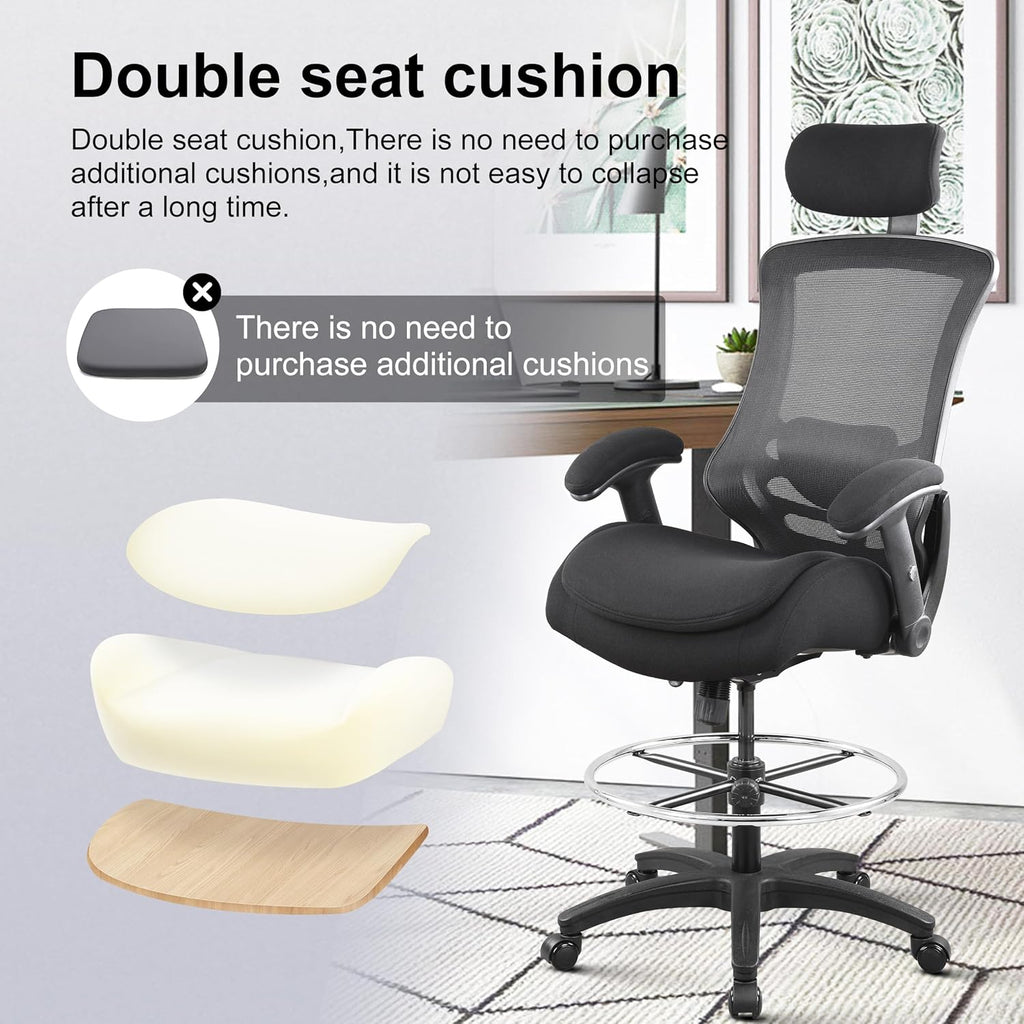 BOLISS 400lbs Ergonomic Drafting Chair,Tall Office Mesh Chair, Standing Desk Chair,Height Adjustable Armrest and Flip up Arms, Adjustable Lumbar Cushion (Black Frame Black Mesh)