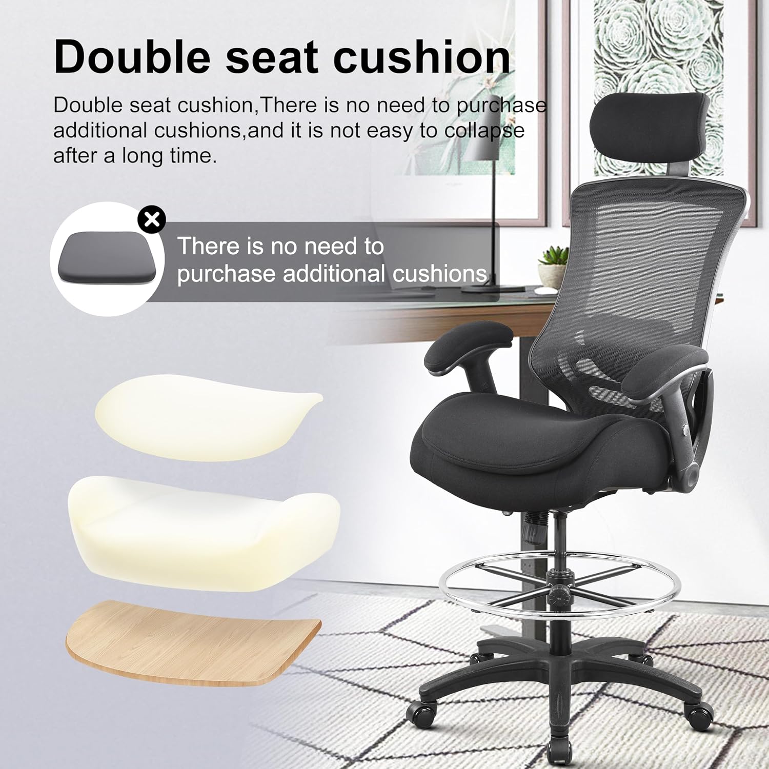 BOLISS 400lbs Ergonomic Drafting Chair,Tall Office Mesh Chair, Standing Desk Chair,Height Adjustable Armrest and Flip up Arms, Adjustable Lumbar Cushion (Black Frame Black Mesh)